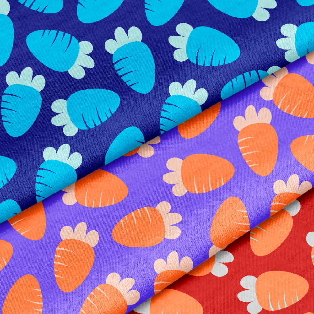 Colorful retro carrot pattern fabric collection in blue, purple, and red.