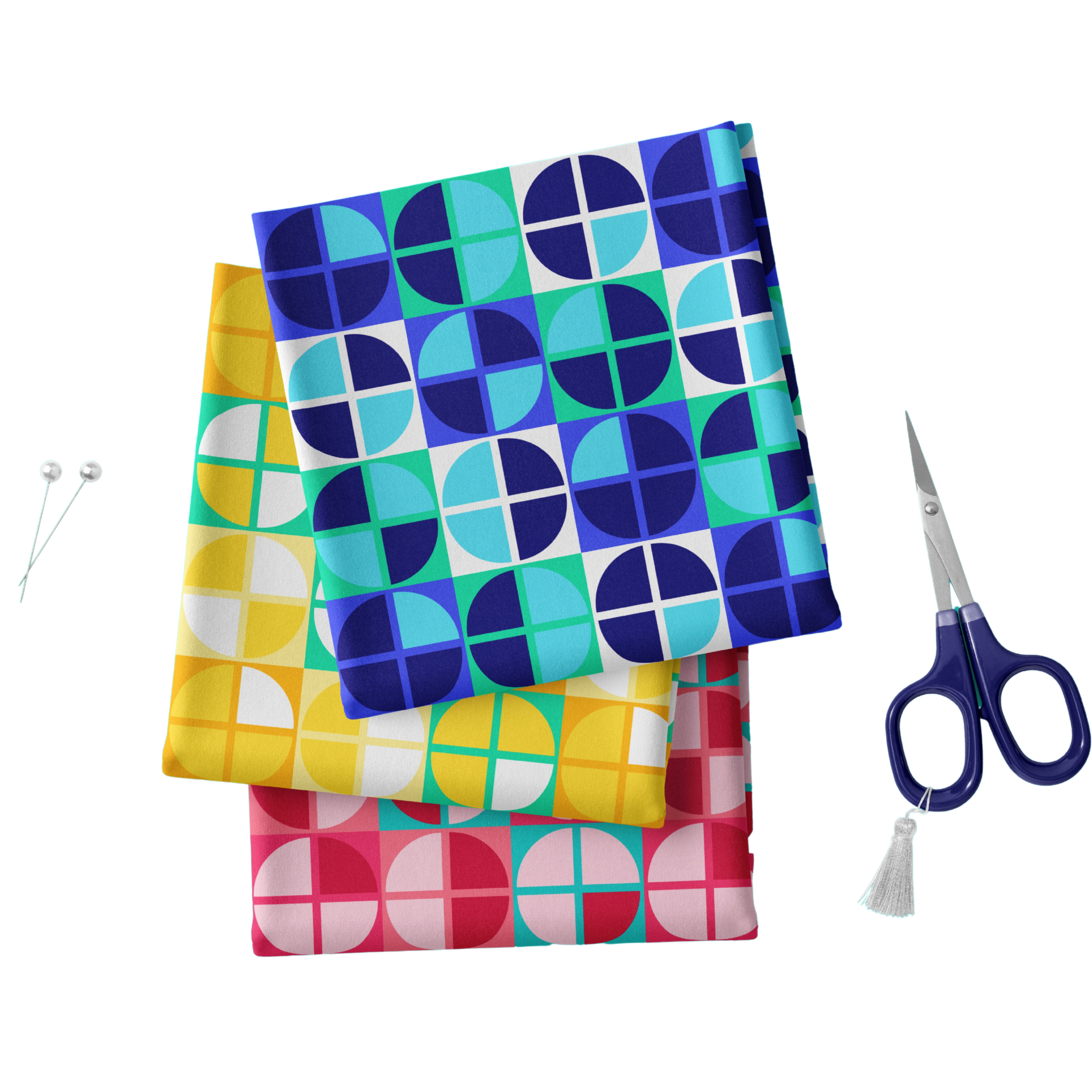 Folded retro geometric circle pattern fabric swatches with craft scissors and sewing pins.