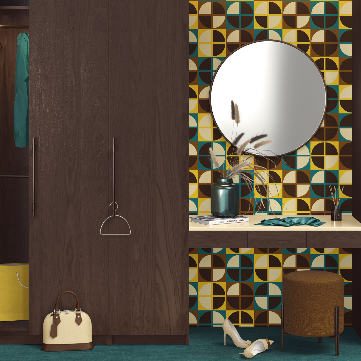 Mid-century retro geometric circle pattern wallpaper in mustard yellow, teal, and brown styled on an entryway accent wall.